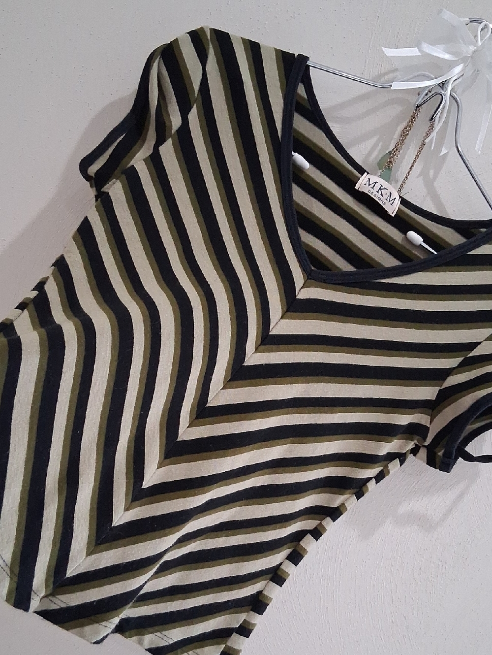 MKM Designs Olive Green and Black Striped Short Sleeve Blouse